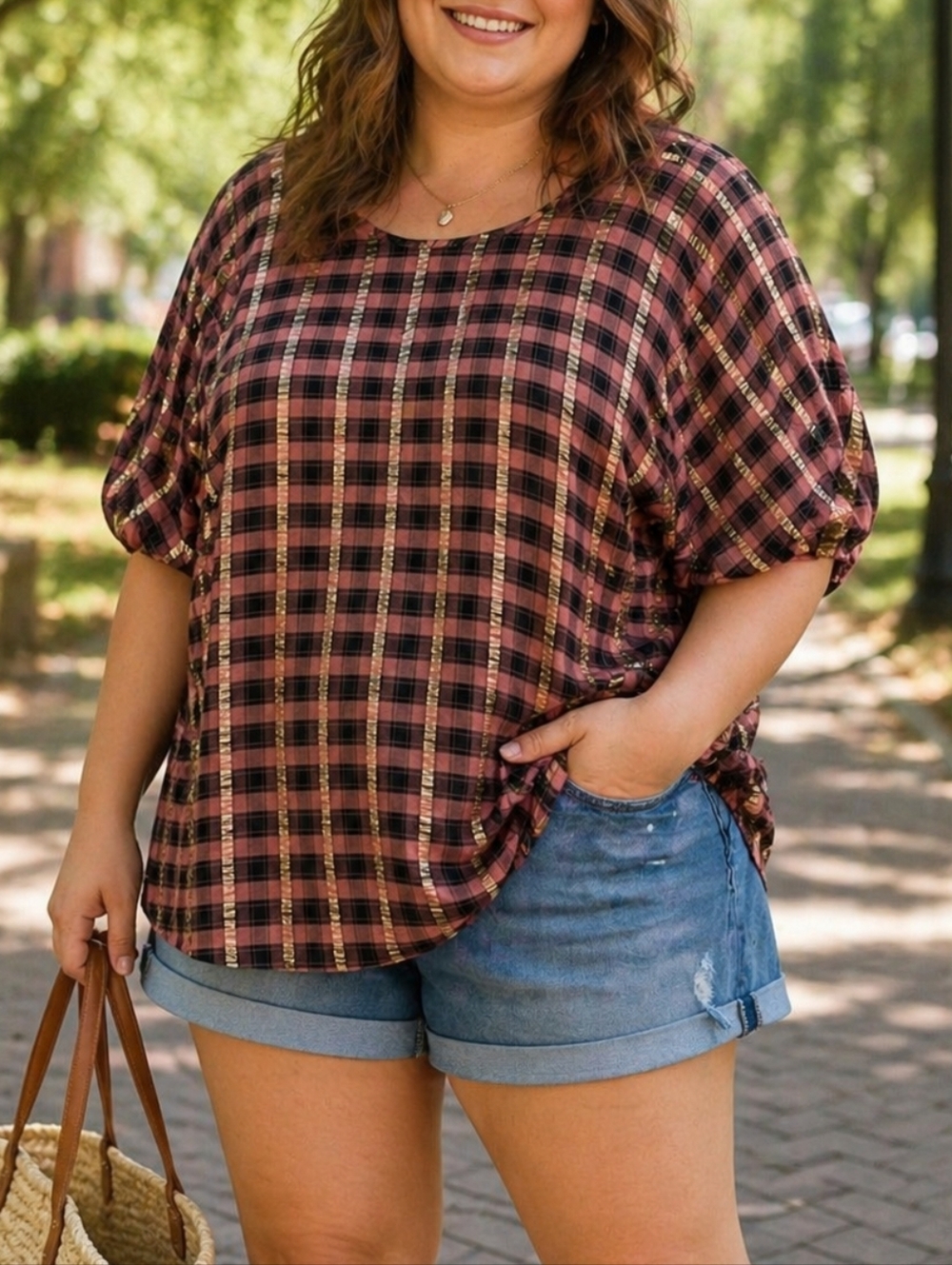 Vince Camuto Rayon Blend Metallic Stripe Puff Sleeve Oversized Top Blouse